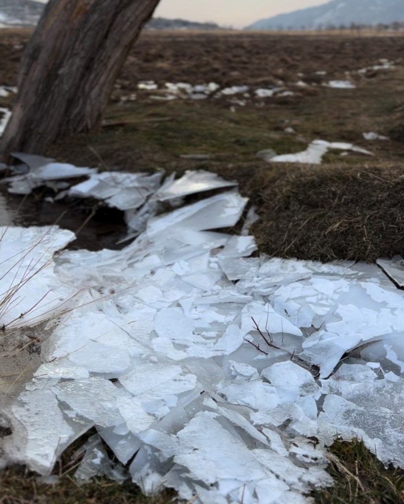 A frozen river with broken white ice forming geometric shapes in the middle of a plain